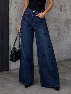 Steve Madden Navy High-Rise Wide Leg Jeans with Rosette Embroidery NWOT